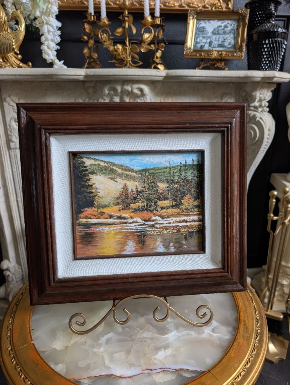 Vintage, MCM Oil Landscape Art Painting in Dark Walnut Wood Frame 17.5" W x 15.5